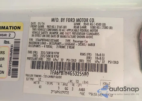 2016 Ford Mustang Ecoboost z USA, uszkodzony, nr VIN 1FA6P8TH4G5325680